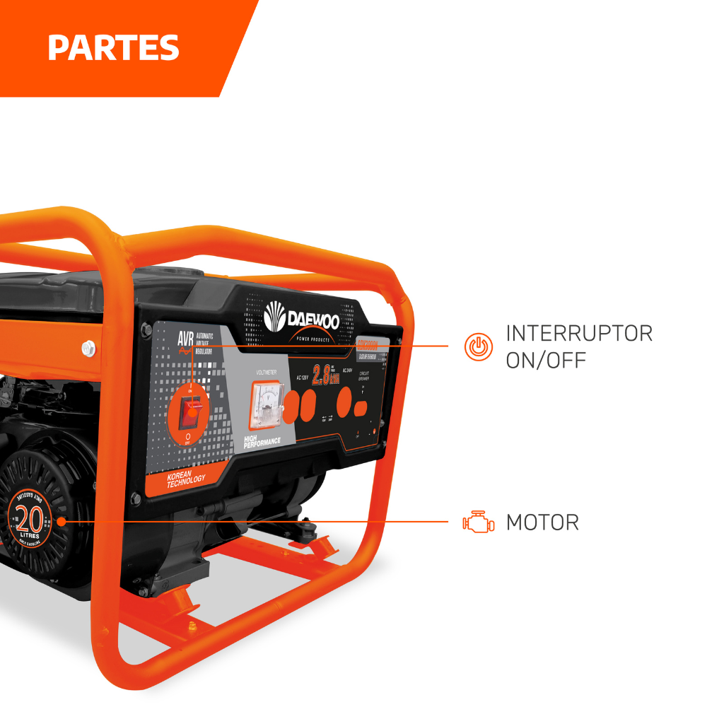 Foto 8 pulgar | Generador Eléctrico A Gasolina Daewoo Gdk3000n Color Naranja Y Negro Gran Potencia Y Bajo Ruido 20l
