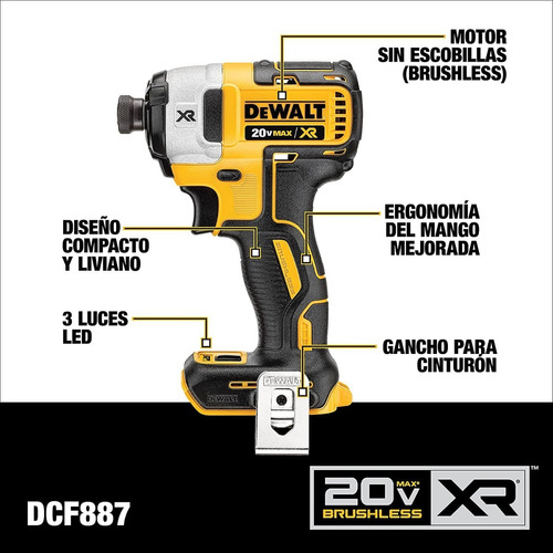 Foto 6 pulgar | Pistola Impacto Inalambrica Dewalt 1/4” 20v Vvr 1000/2800/3250 Rpm 0-3800 Gpm 240/1500/1825 Lb/in 3 Leds