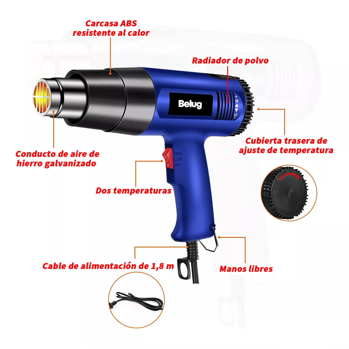 Foto 4 pulgar | Pistola De Calor De 2000w Temperatura Regulable 4 Boquillas Belug