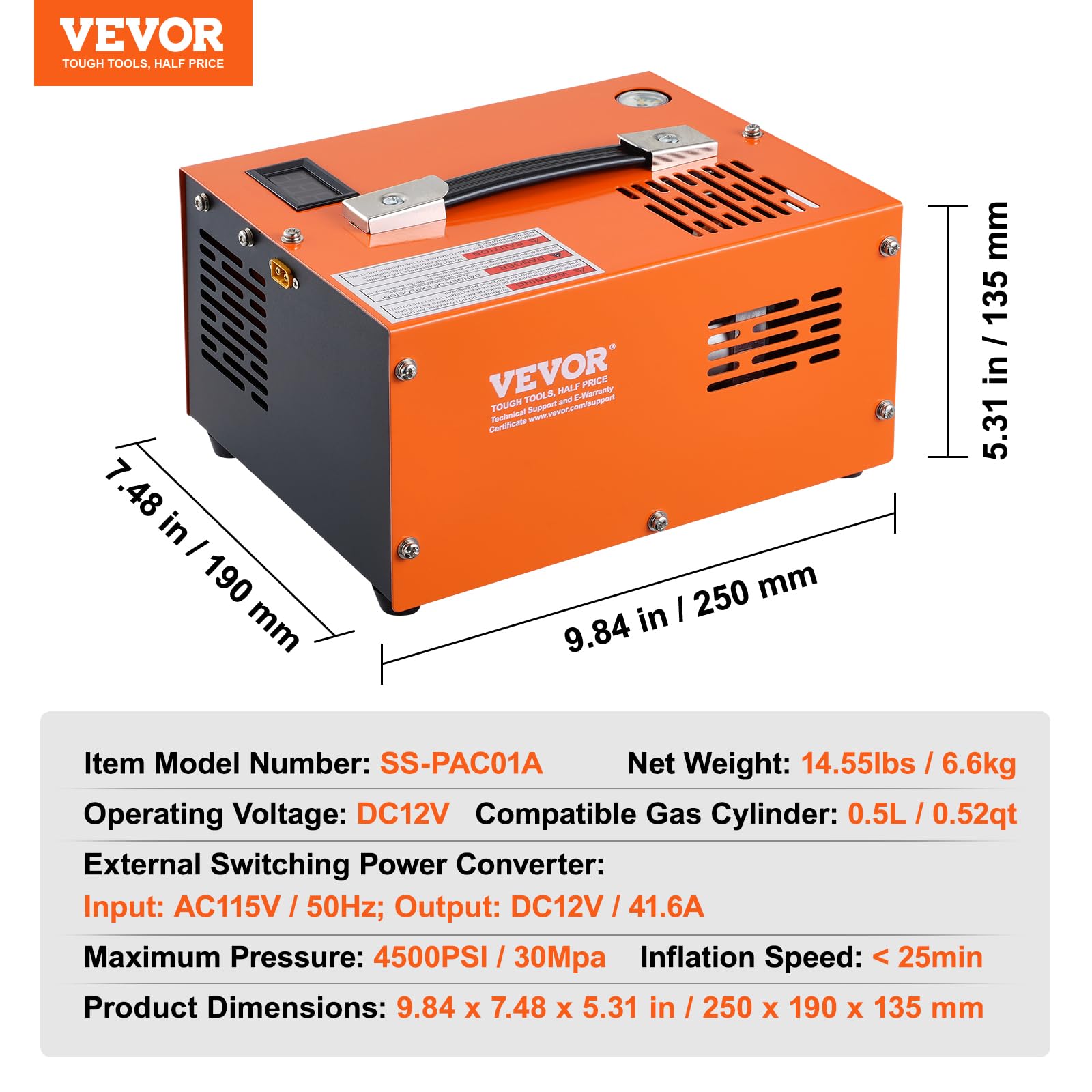 Foto 4 | Compresor De Aire Pcp Vevor 4500 Psi 12 V Dc/110 V Ac Con Adaptador - Venta Internacional.