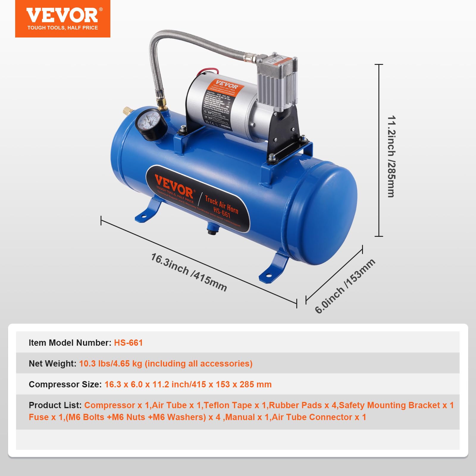 Foto 8 pulgar | Compresor De Aire Vevor De 12 V Con Tanque De 6 Litros, Trompa De Tren De 120 Psi - Venta Internacional.