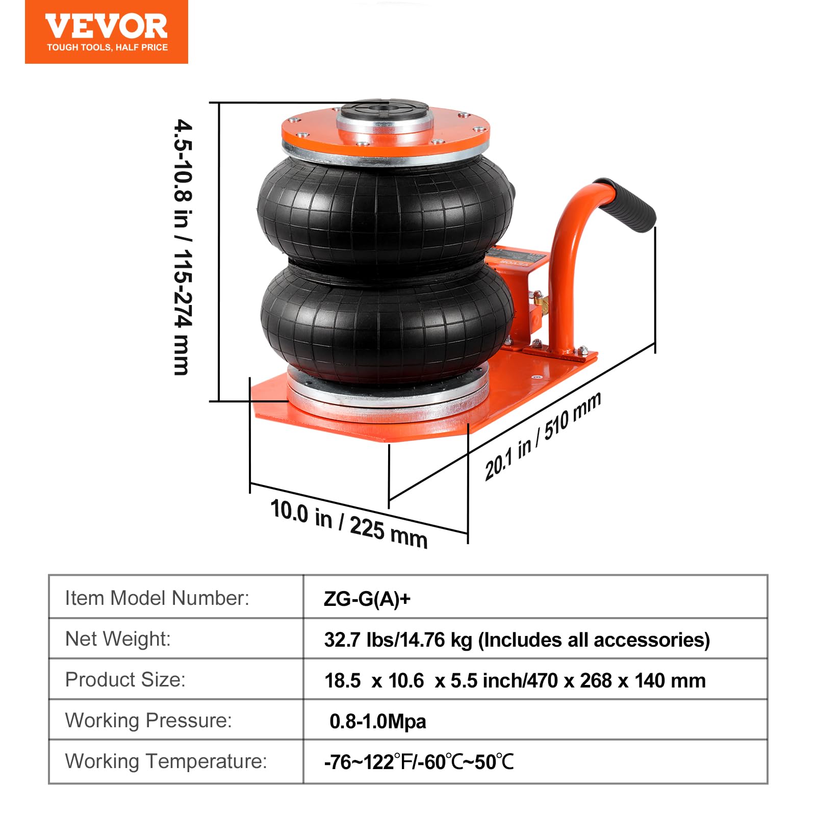 Foto 8 pulgar | Air Jack Vevor, 3 Toneladas/3000 Kg, Dos Bolsas Con Capacidad De Elevación De 36,4 Cm Para Coche - Venta Internacional.