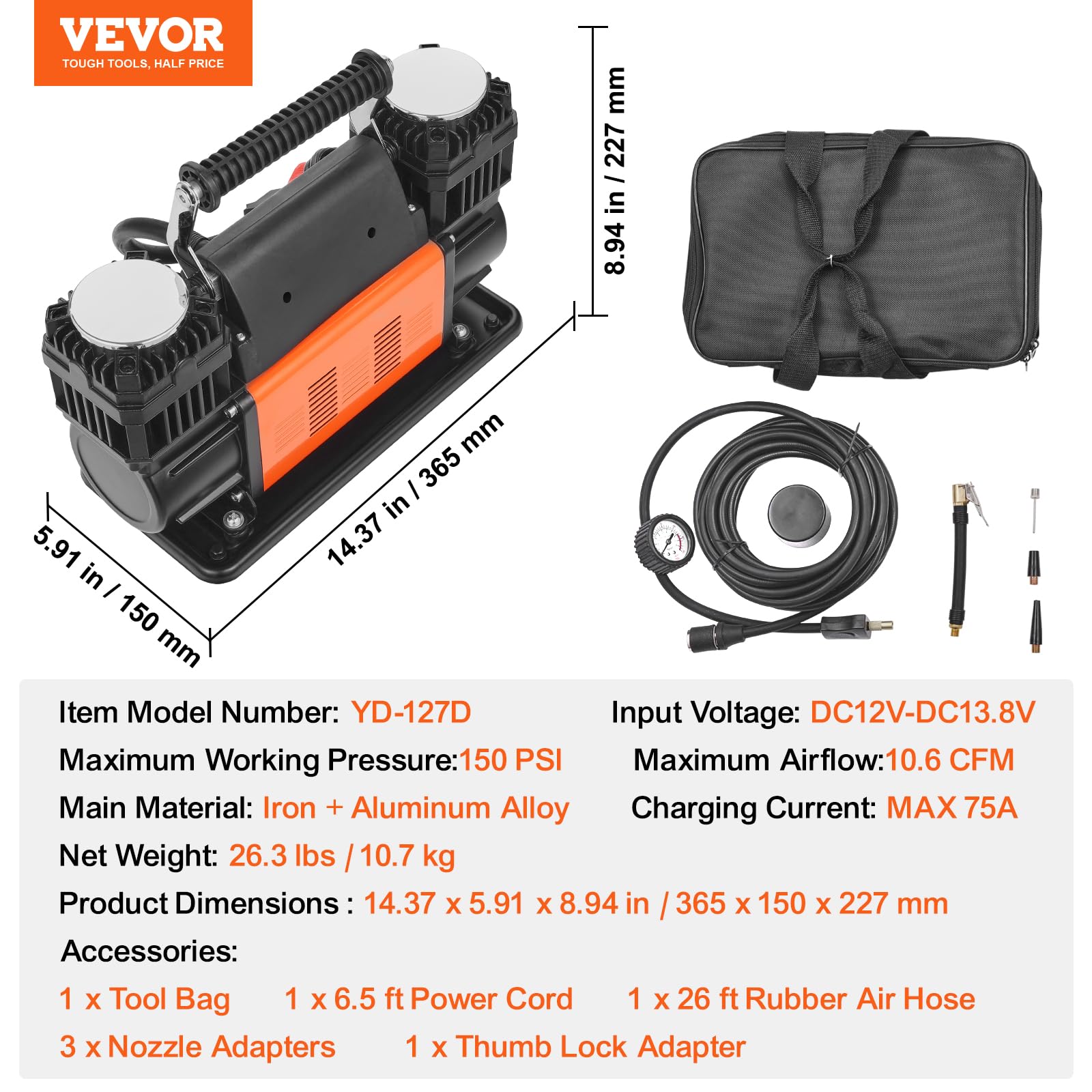 Foto 8 pulgar | Compresor De Aire Vevor 10.6 Cfm 12 V 150 Psi De Doble Cilindro - Venta Internacional.