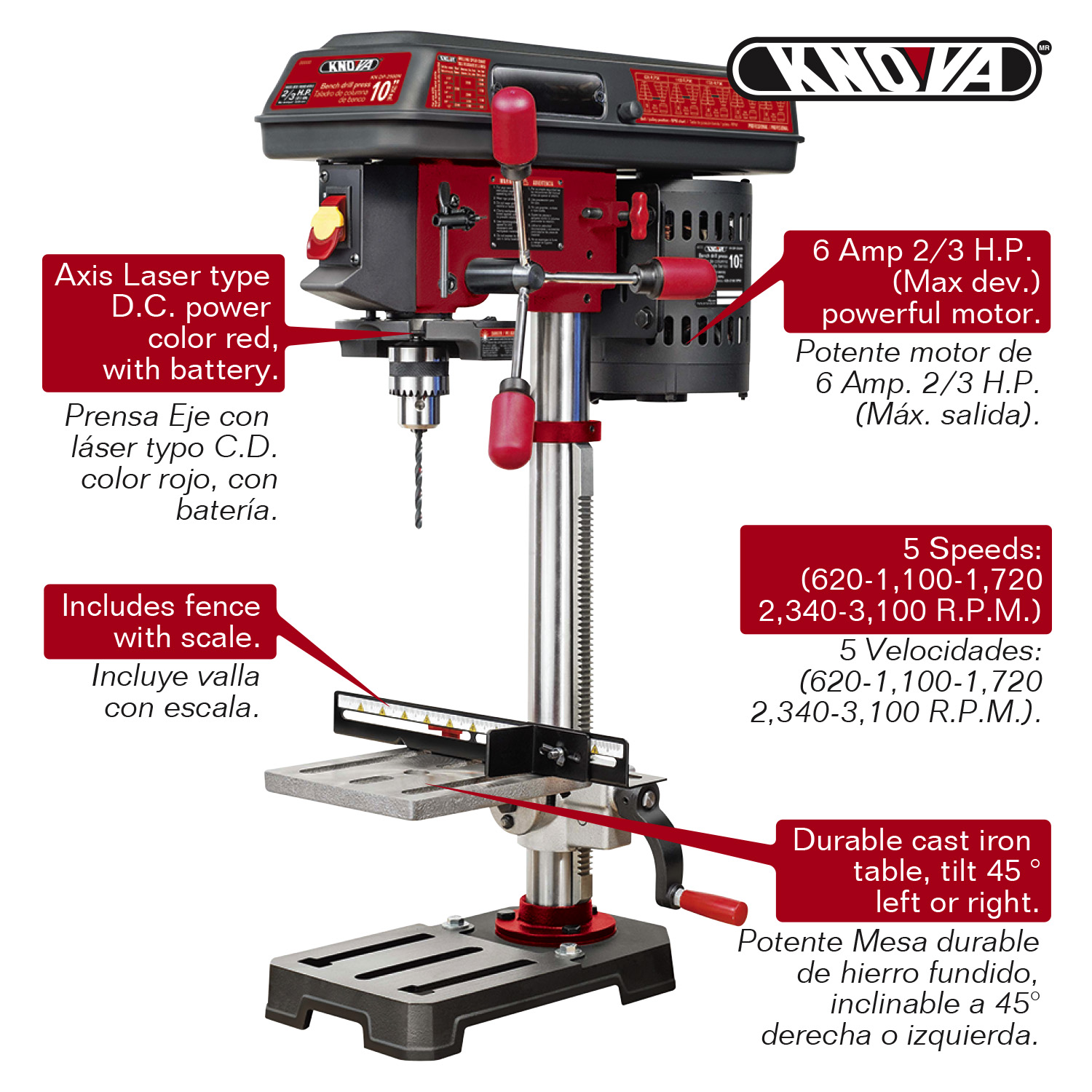 Foto 7 | Taladro de Columna de Banco Laser Knova color Rojo