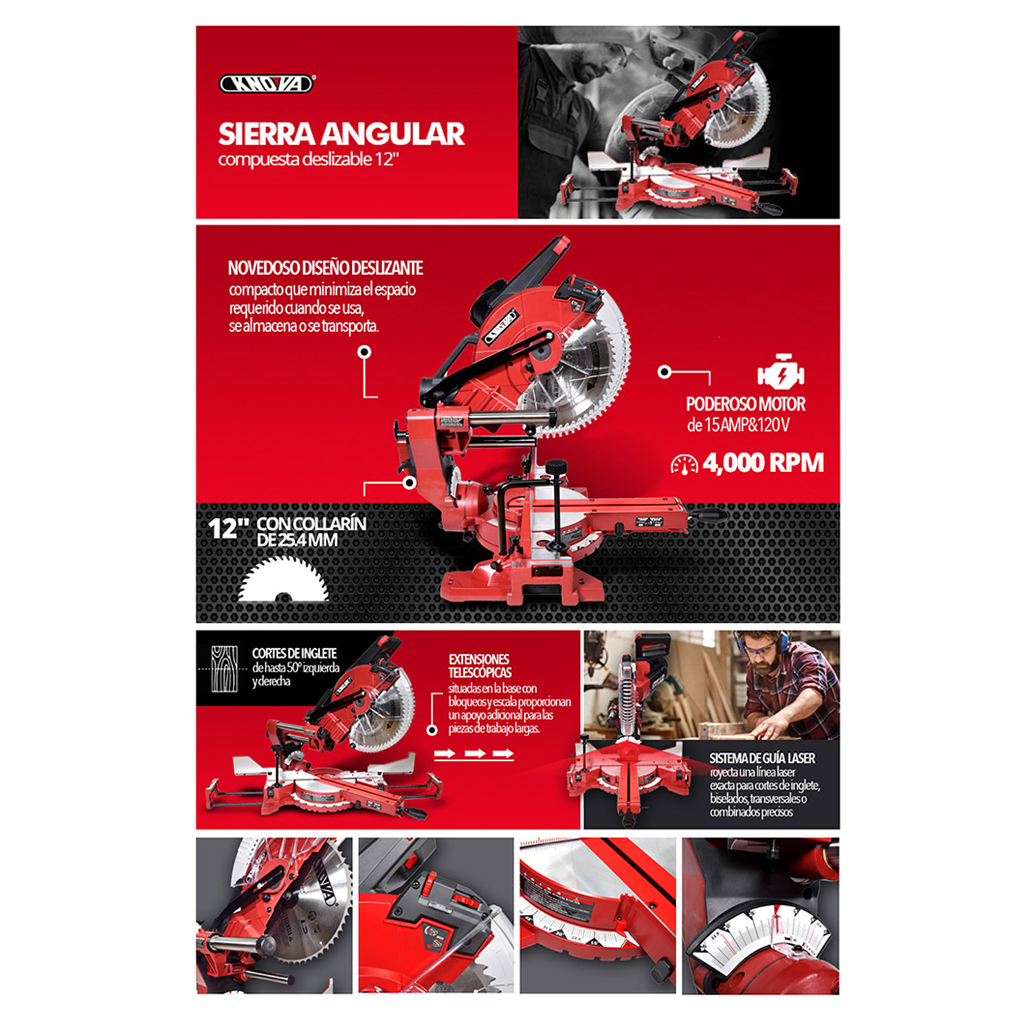 Foto 8 | Sierra Compacta Angular Compuesta Deslizable 12'' Knova color Rojo