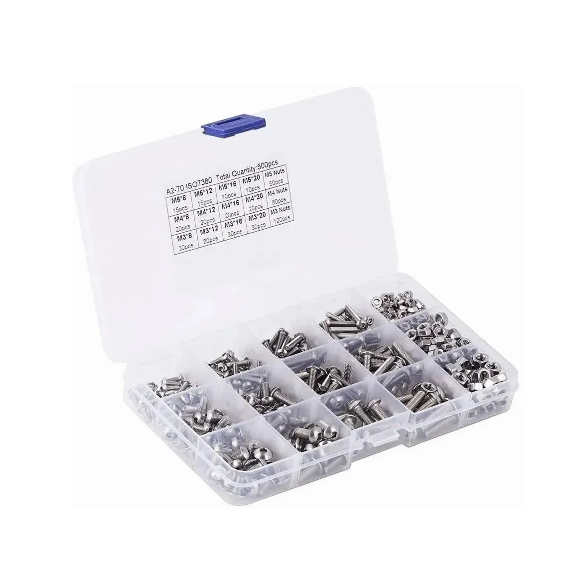 Kit 500 Piezas Tornillos Eo Safe Imports ESI-624 color Plata de Cabeza Hexagonal M3 M4 M5