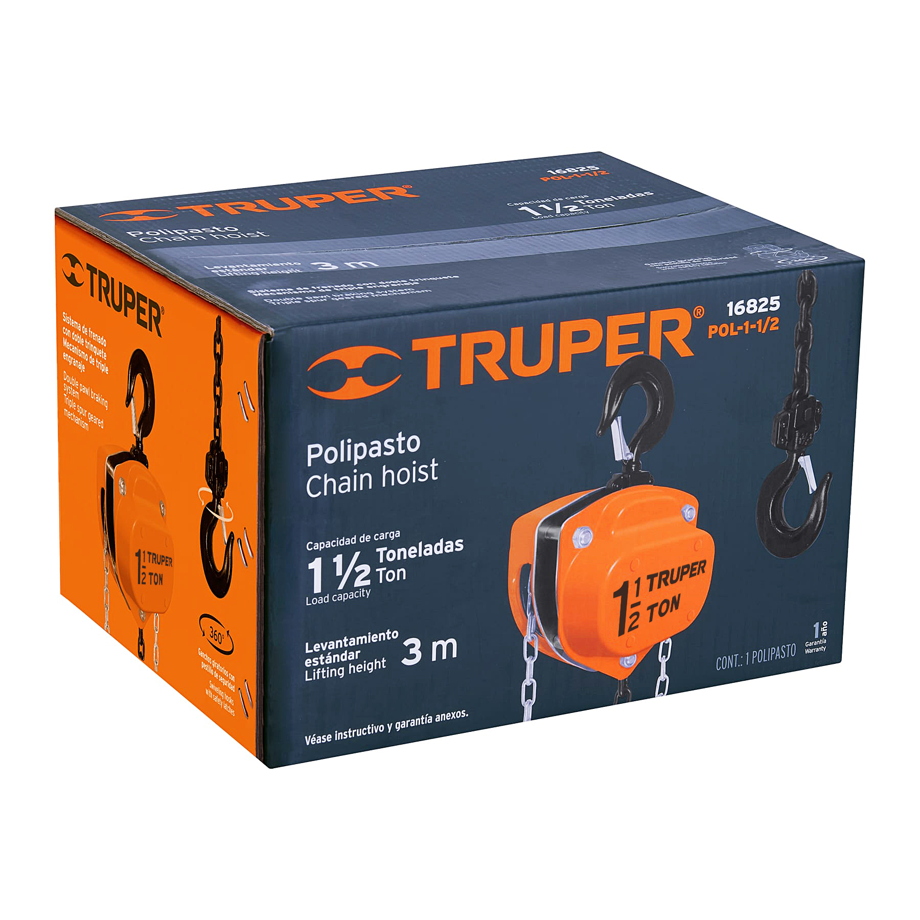 Foto 4 pulgar | Polipasto de Cadena de 1 1/2 Ton Truper POL/1/1/2 color Naranja Levantamiento Estándar 3 m