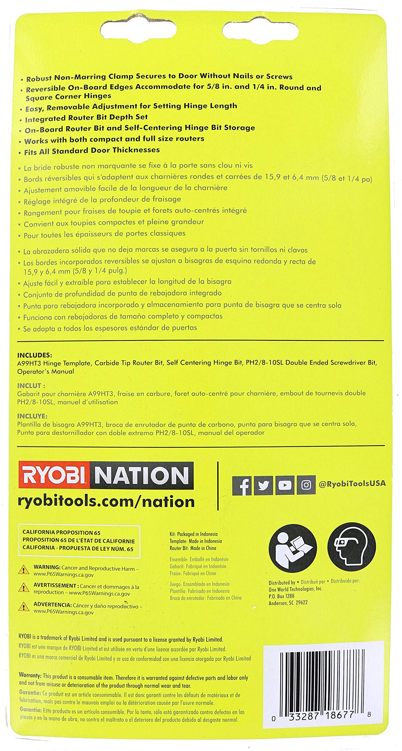 Foto 6 | Kit De Instalación De Bisagras Para Puertas Ryobi A99ht3 Con Plantilla De Mortaja - Venta Internacional.