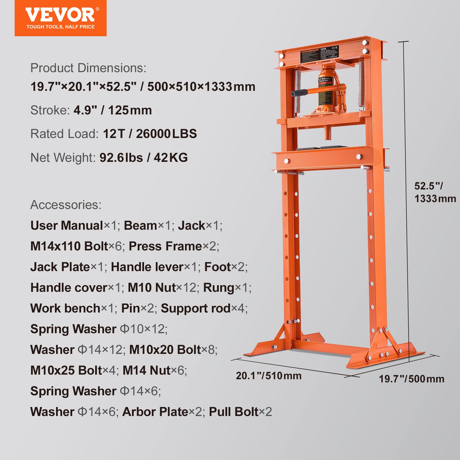 Foto 7 | Prensa Hidráulica Para Talleres Vevor De 12 Toneladas/26000 Libras Con Marco En H, Naranja - Venta Internacional.