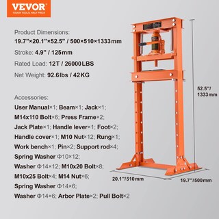 Foto 7 | Prensa Hidráulica Para Talleres Vevor De 12 Toneladas/26000 Libras Con Marco En H, Naranja - Venta Internacional.