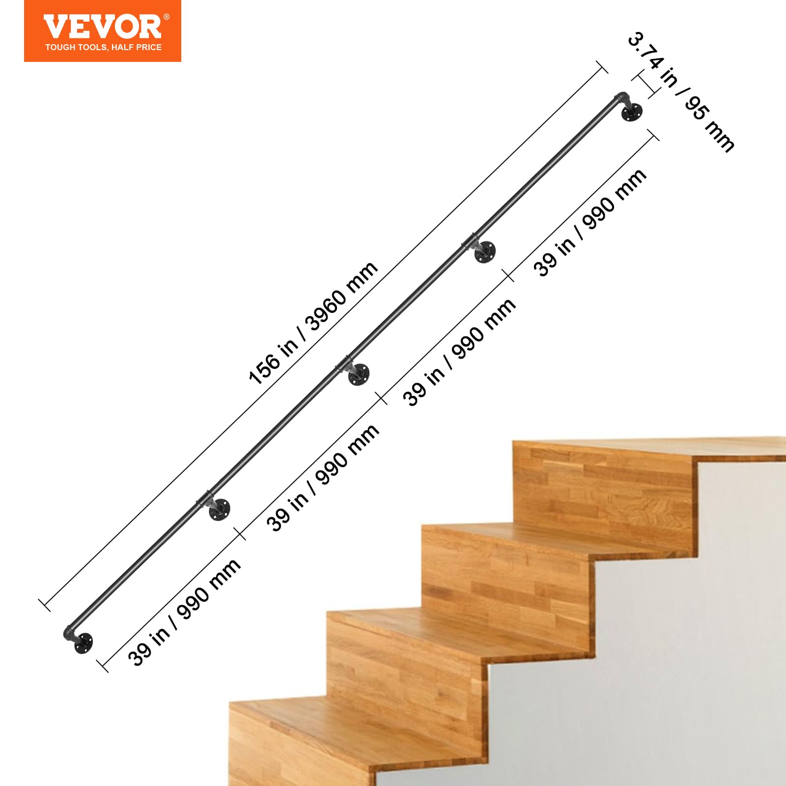 Foto 7 | Barandilla De Escalera Vevor, Tubo De Acero Al Carbono De 13 Pies, 200 Kg De Carga - Venta Internacional.
