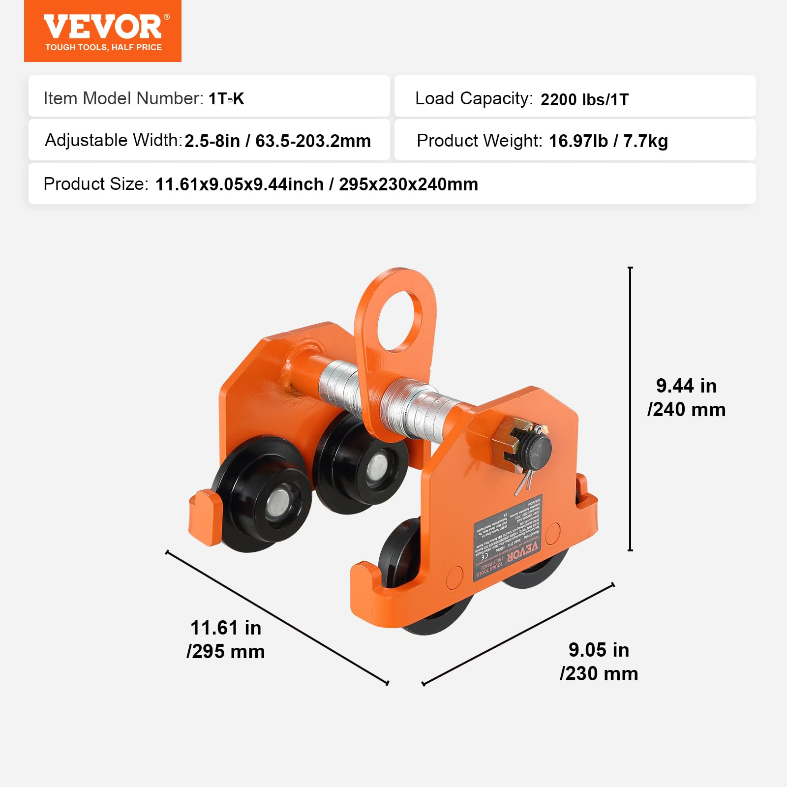 Foto 8 pulgar | Carretilla Manual Vevor Con Capacidad De Carga De 1 Tonelada Para I-beam De 2,5 A 8 Pulgadas - Venta Internacional.