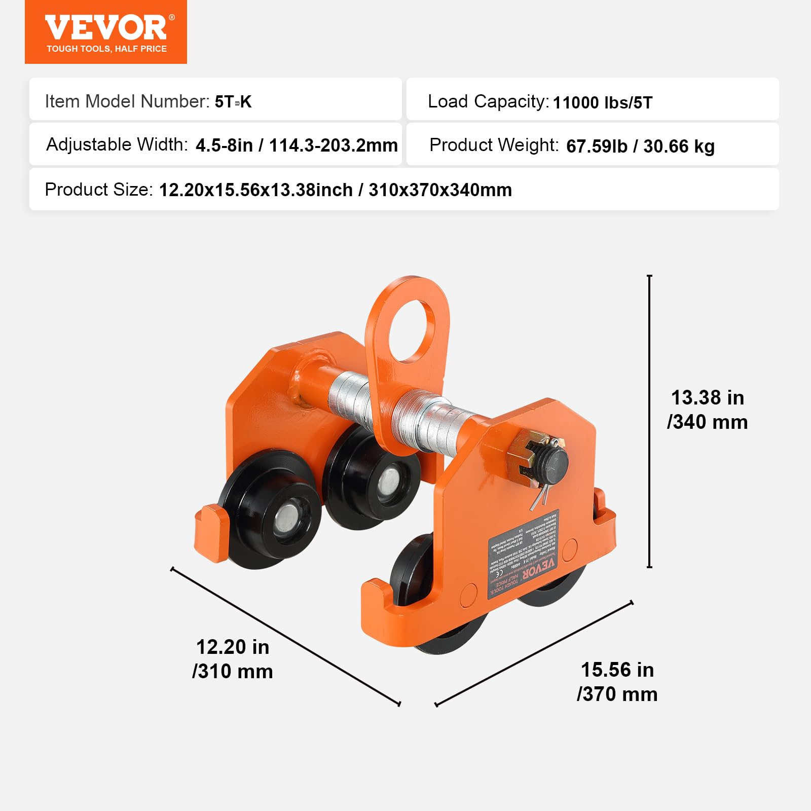 Foto 8 pulgar | Carretilla Manual Vevor Con Capacidad De Carga De 5 Toneladas Para I-beam De 4,5 A 8 Pulgadas - Venta Internacional.