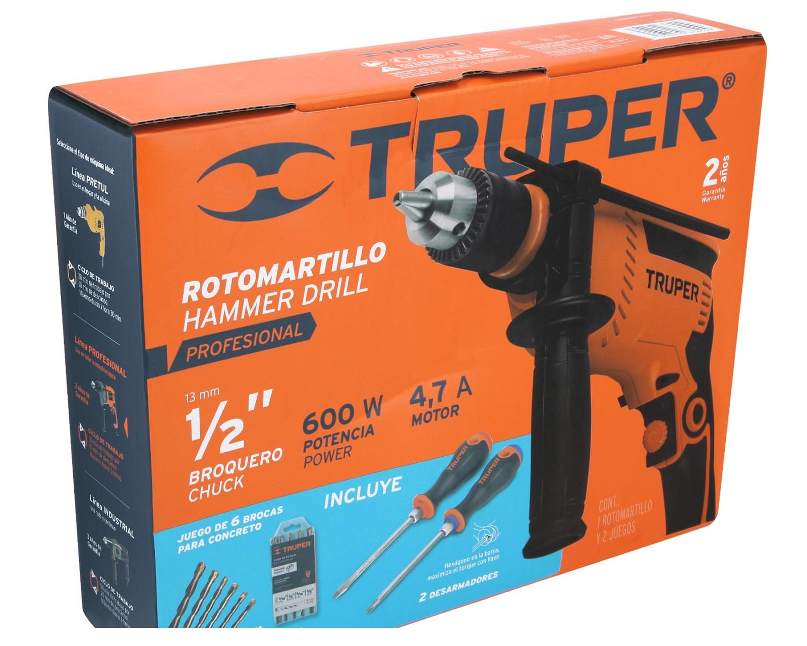 Foto 2 | Rotomartillo Truper color Naranja COMBOR-1/2A7 650w + 6 Brocas + 2 Desarmadores