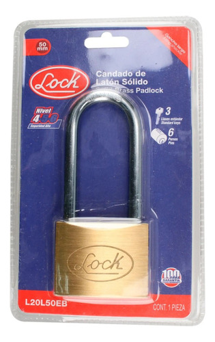 Foto 3 pulgar | Candado Seguridad Latón Largo 50mm Llave Estándar Lock
