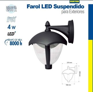 Foto 2 | Farol Led Suspendido Negro 4w Aluminio Exteriores Surtek