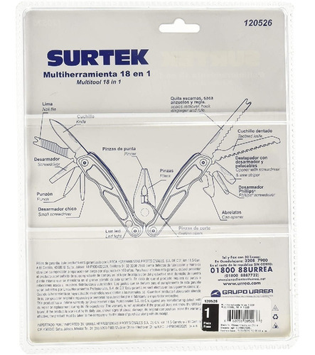 Foto 3 pulgar | Pinza Multiherramienta 18en1 C/ Luz Led Acero Inox Surtek