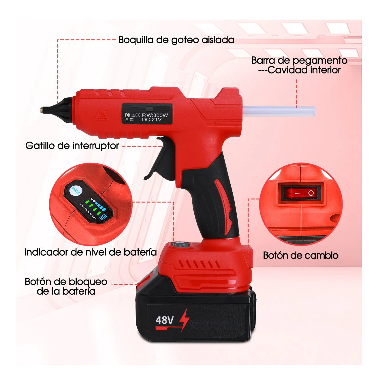 Foto 4 pulgar | Pistola De Silicon Caliente Inalambrica 300w Con 30 Barras Rojo Negro
