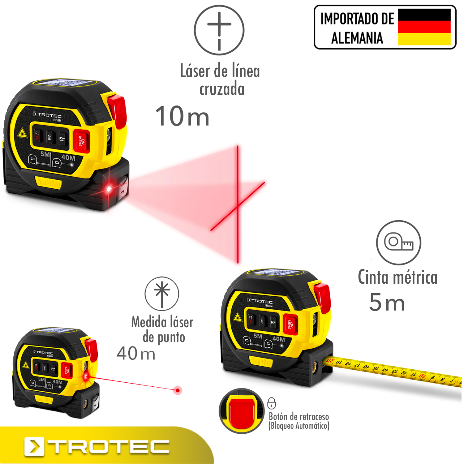 Foto 3 pulgar | Flexómetro 3 En 1 Trotec Con Láser 40m Y Cinta 5m