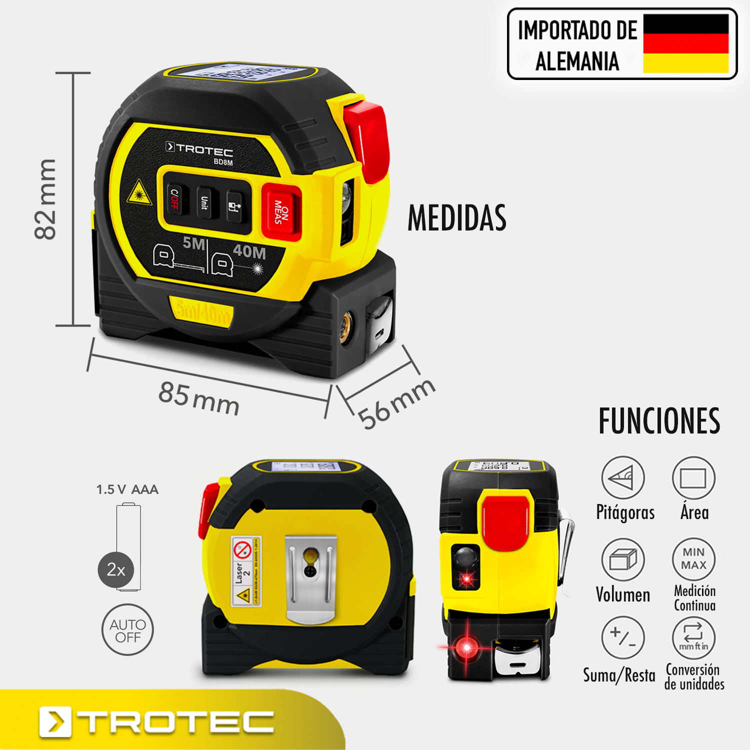 Foto 5 pulgar | Flexómetro 3 En 1 Trotec Con Láser 40m Y Cinta 5m