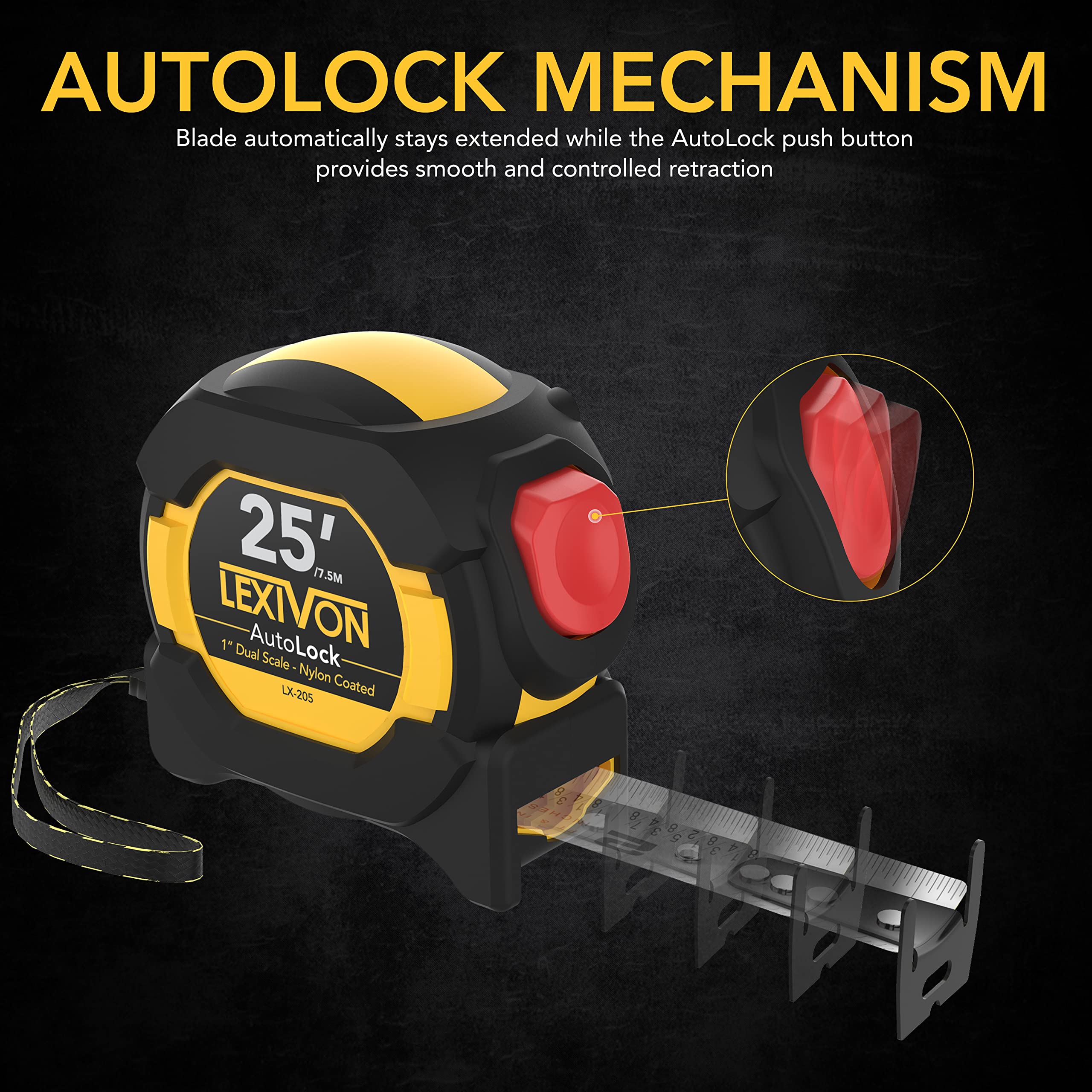 Foto 5 | Cinta Métrica Lexivon Lx-205 Con Revestimiento De Nailon Autolock De 7,5 M/25 Pies - Venta Internacional.