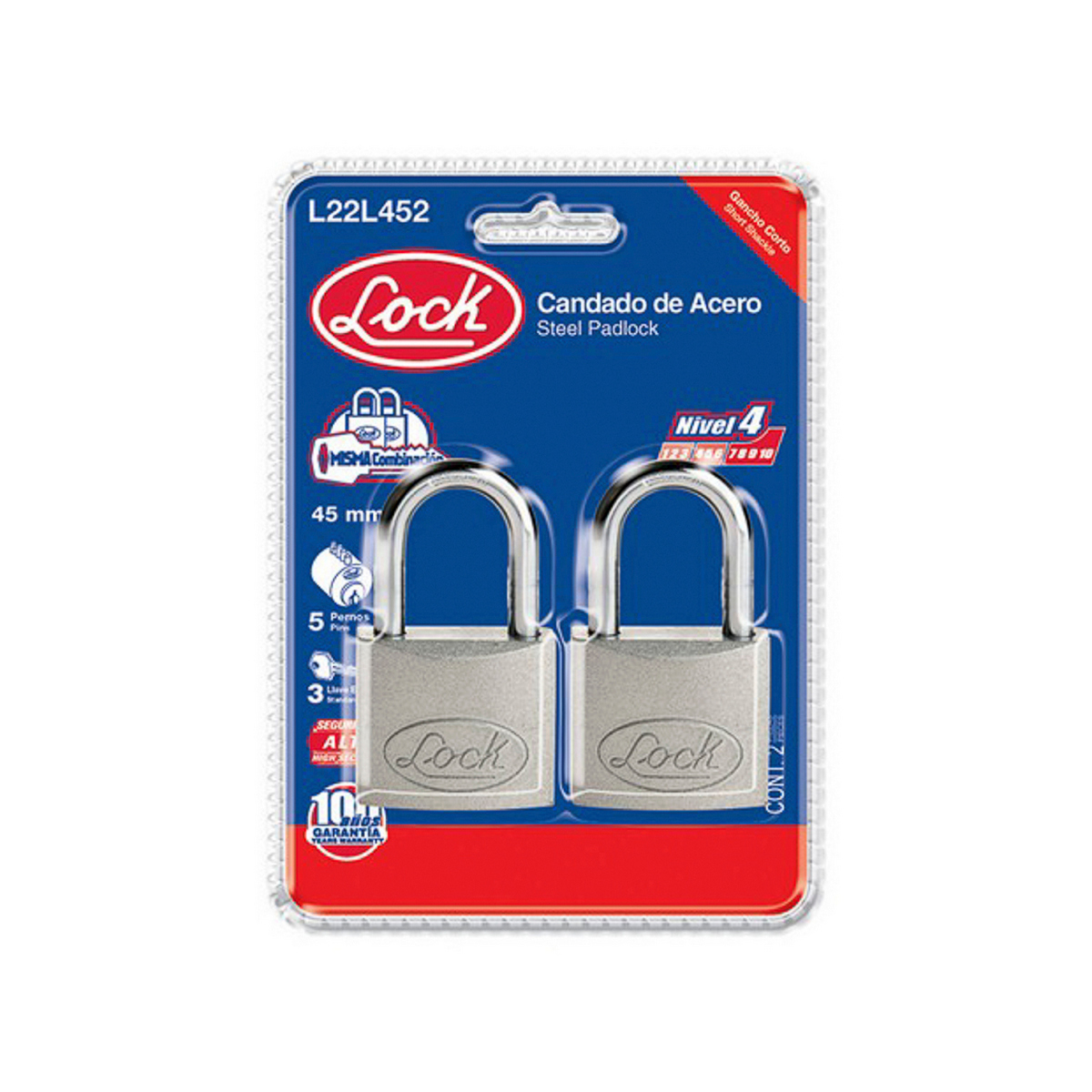 Juego Candados Acero Lock 45mm Gancho Largo Misma Llave (2 Pzas)