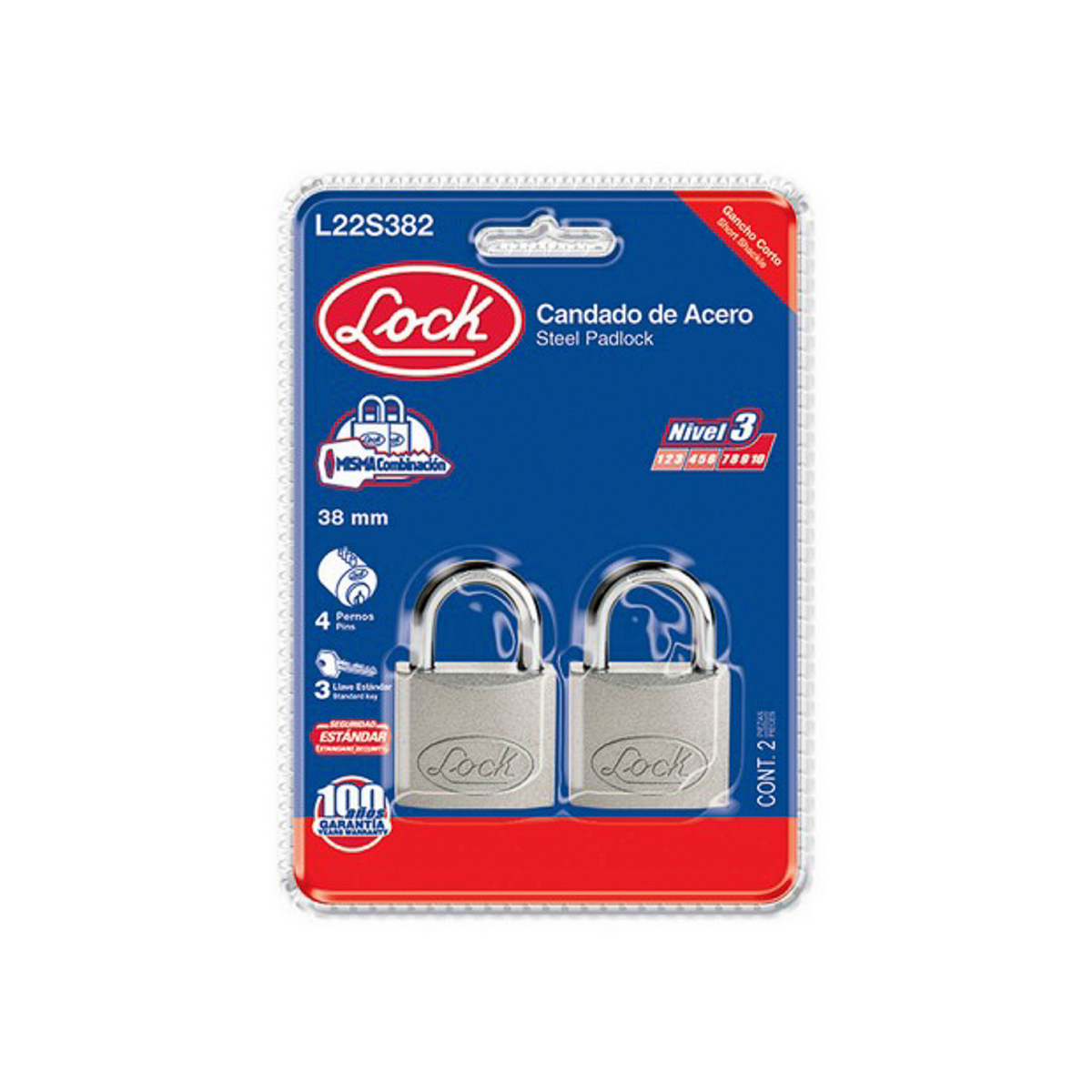 Juego Candados Acero Lock 38mm Gancho Corto Misma Llave (2 Pzas)