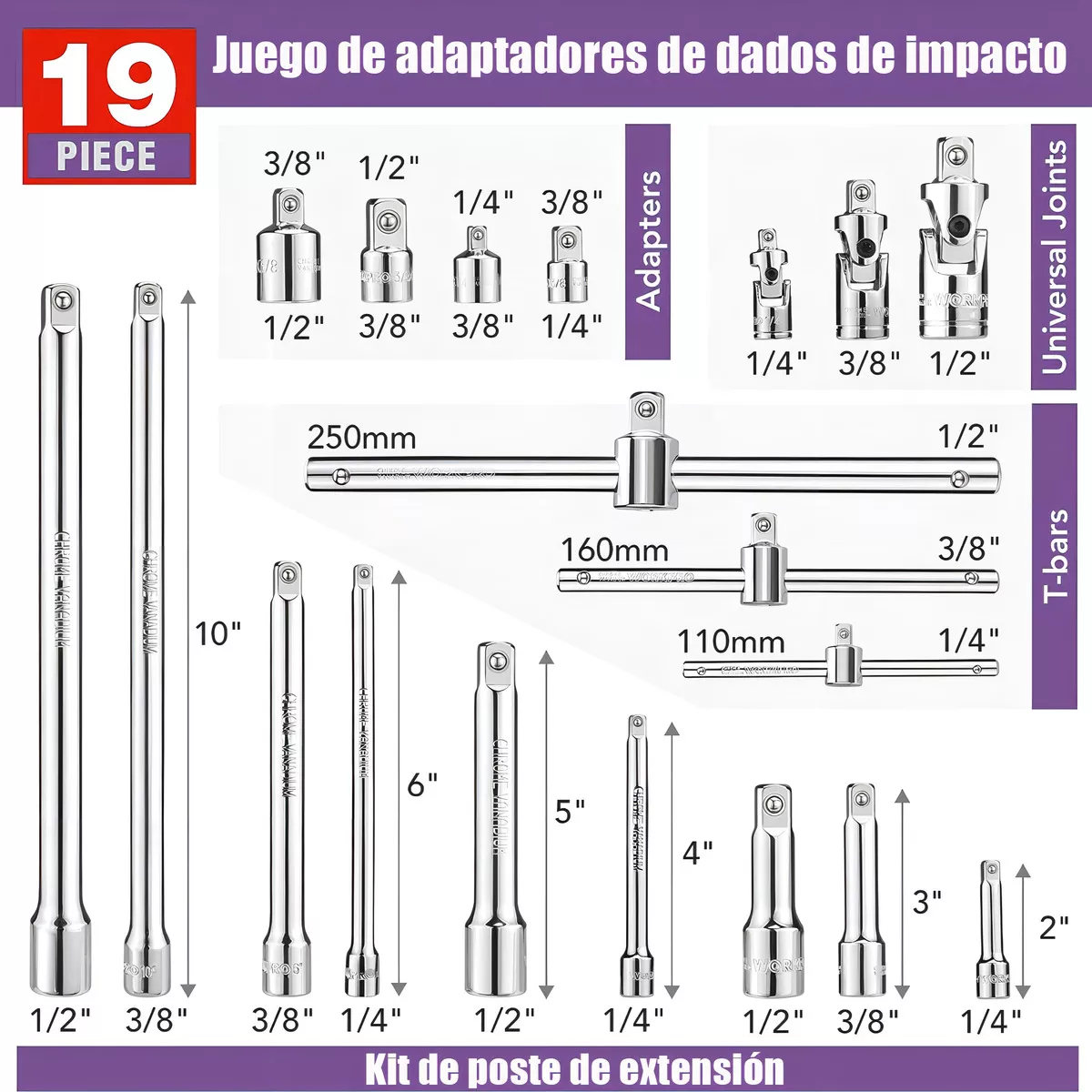 Foto 3 | 19pz Adaptador Accesorios Taladro Dados Impacto Eo Safe Imports Esi-16017 Plata