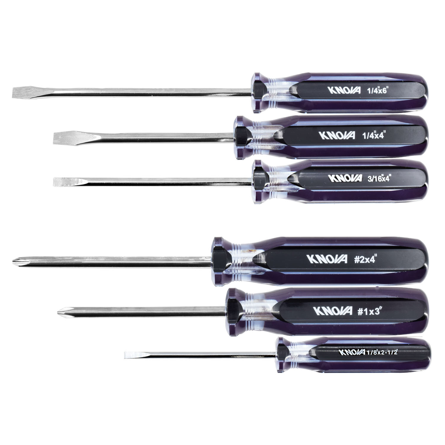 Desarmadores KNOVA KN 9500-06 color Azul Punta Plana y Phillips 6 PZAS Mango Transparente