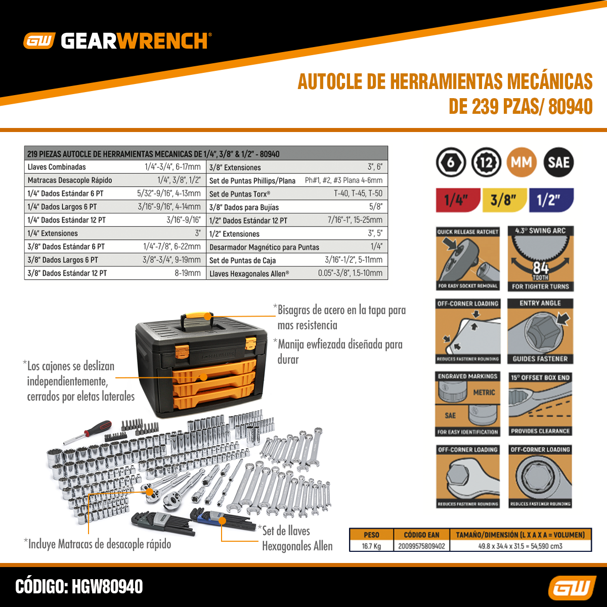 Foto 4 pulgar | Autoclé Herramientas Mecánicas 239 Pz 80942 Gearwrench 80942