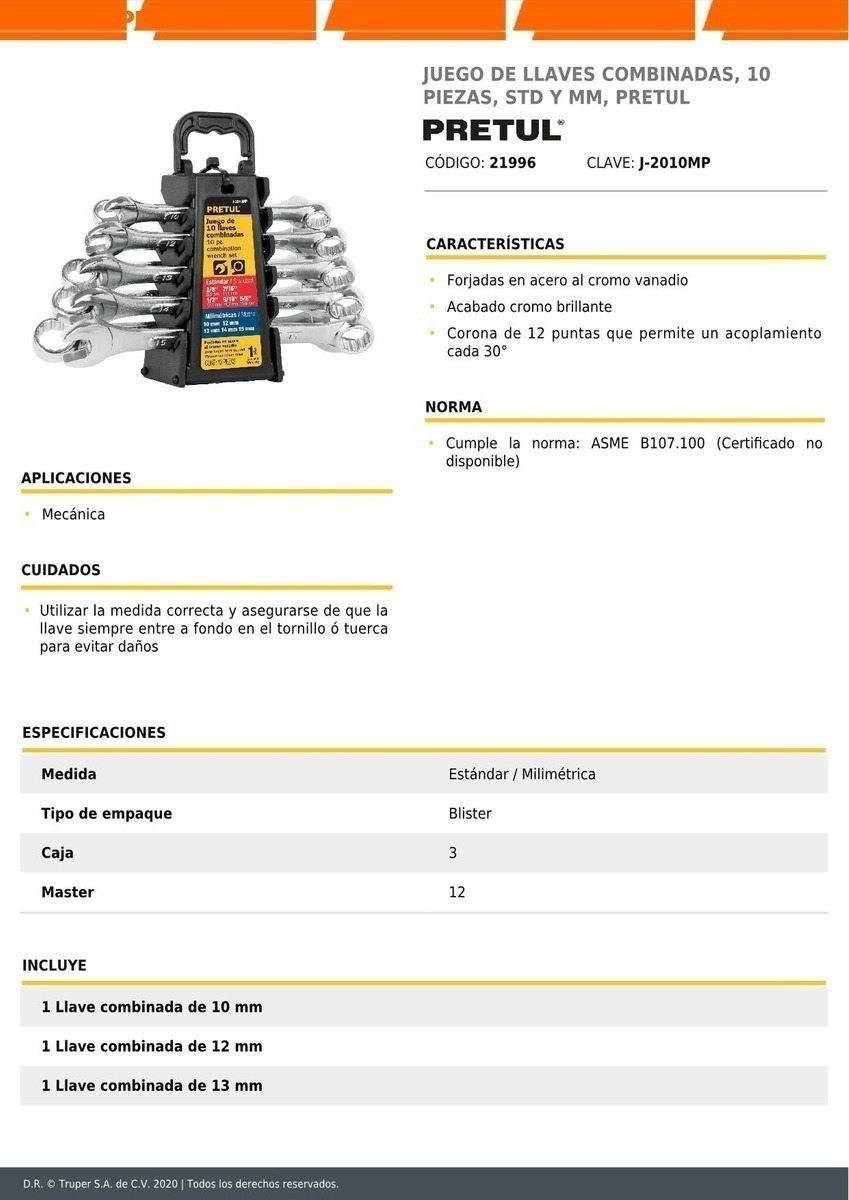 Foto 3 pulgar | Juego Llaves Combinadas Mixta 10 Pz Pretul 21996