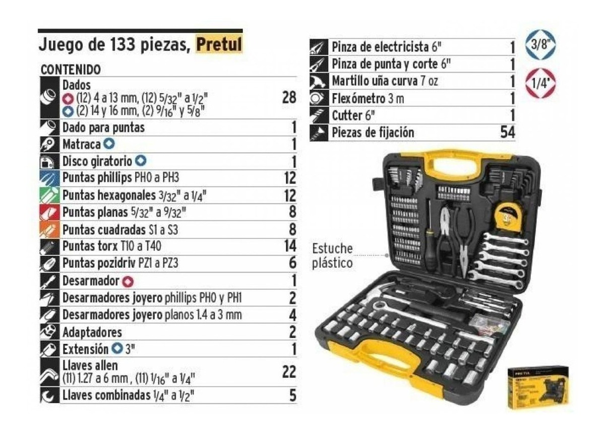 Foto 3 pulgar | Juego De Herramientas Para Mecánico 133 Piezas Pretul 24223