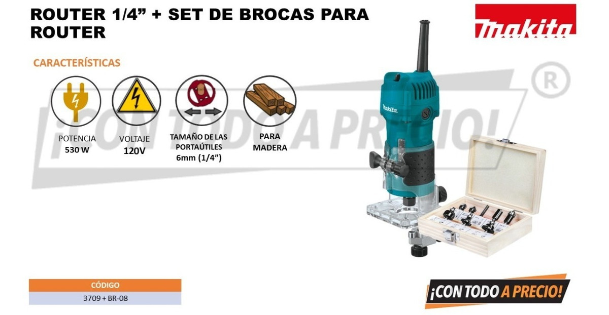 Foto 3 pulgar | Router Makita 3709 530w + Juego De Brocas Para Router Br-08