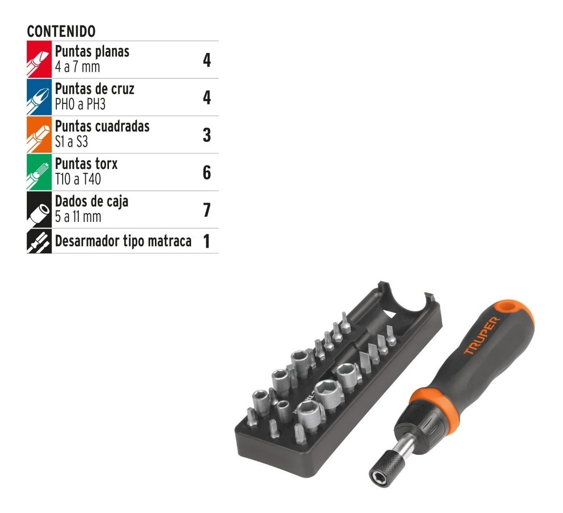 Foto 2 | Juego De Desarmador Tipo Matraca 24 Piezas Truper 18222