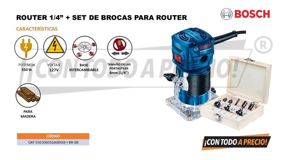 Foto 3 pulgar | Router Gkf550 Bosch 1/4+ Juego De Brocas P/router Br-08