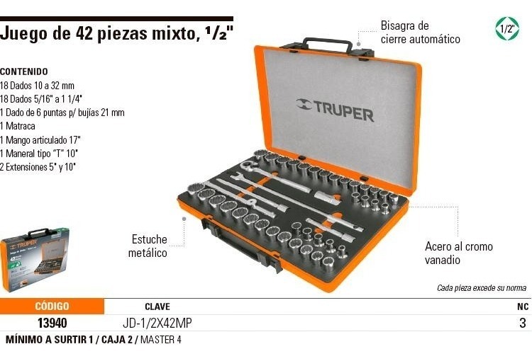 Foto 3 pulgar | Juego Autocle 1/2' Mixto 42 Pz Truper 13940