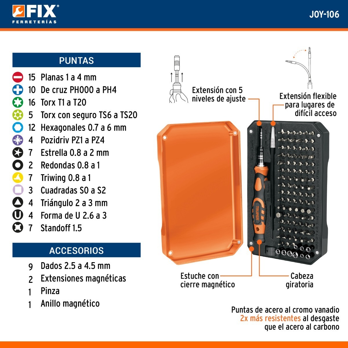Foto 3 pulgar | Juego Desarmador Y Puntas De Precisión 106pza Truper Joy-106