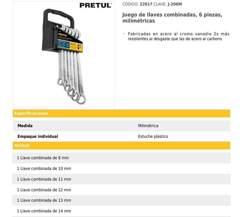 Foto 3 pulgar | Juego de Llaves Combinadas Milimétricas Pretul J-126M 6 Piezas