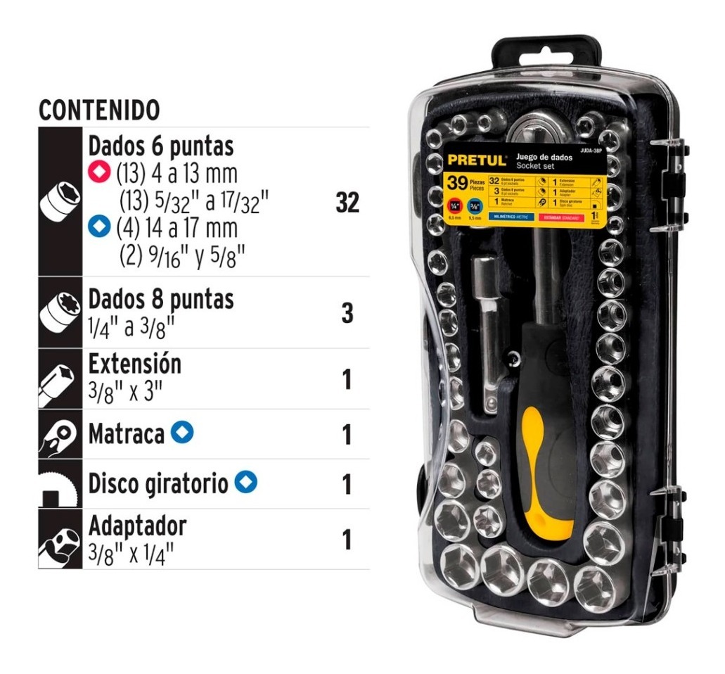 Foto 3 pulgar | Juego de Dados Cuadro 1/4 y 3/8' Pretul Juda-38p 39 Piezas