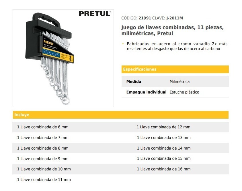 Foto 2 | Juego de Llaves Combinadas 11 Piezas Pretul 21991