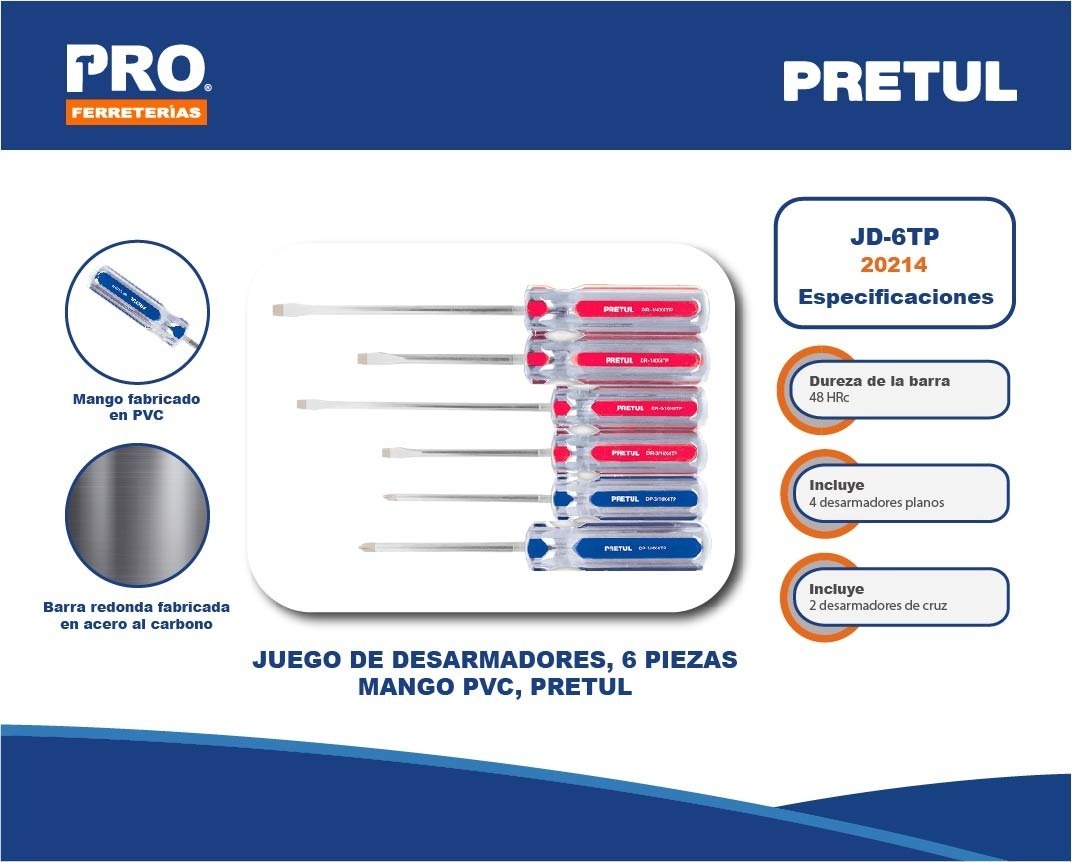 Foto 3 pulgar | Juego de Desarmadores 6 Pzas Mango De Pvc Pretul 20214