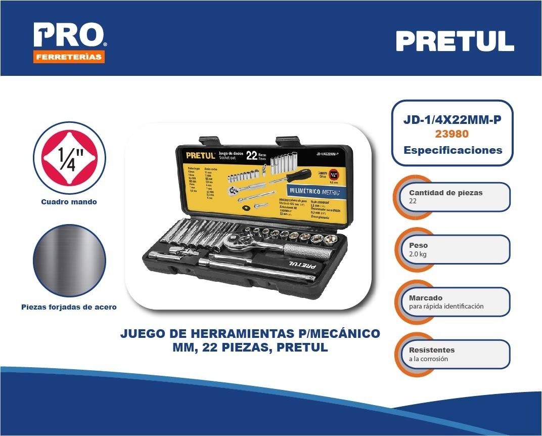 Foto 3 pulgar | Juego de Herramientas para Mecánico  Pretul  23980 22 Piezas