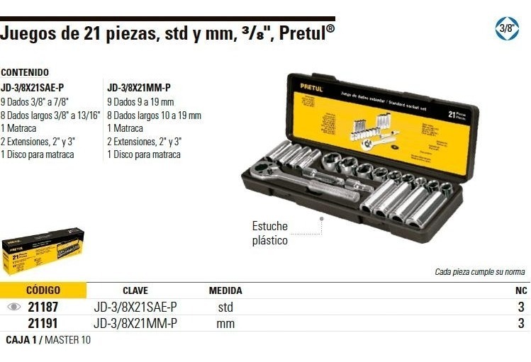 Foto 3 pulgar | Juego de Dados Pretul 21187 3/8 Std 21 piezas