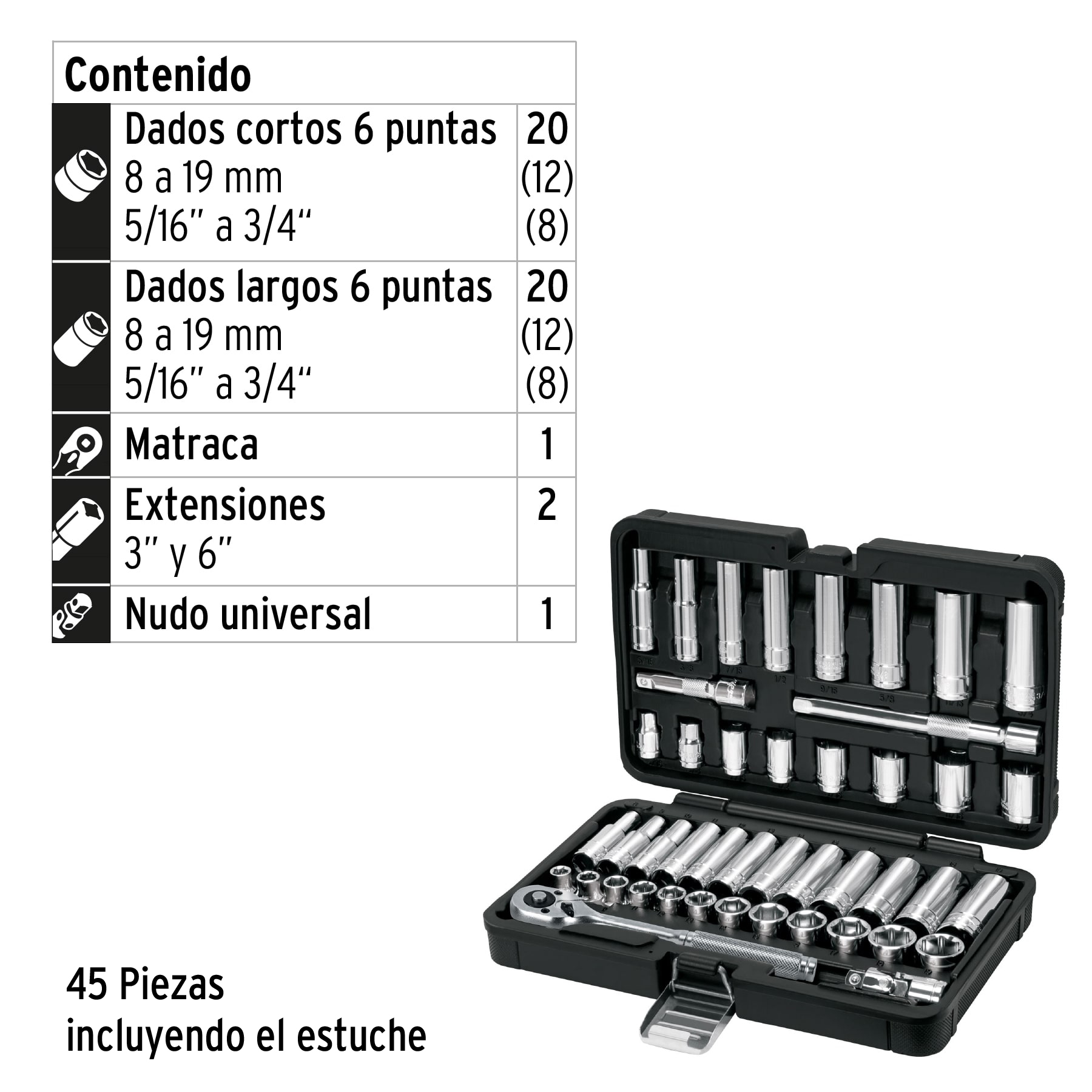 Foto 4 pulgar | Juego de 45 Herramientas Truper JD-3/8X45MP Cuadro 3/8 '' STD y MM