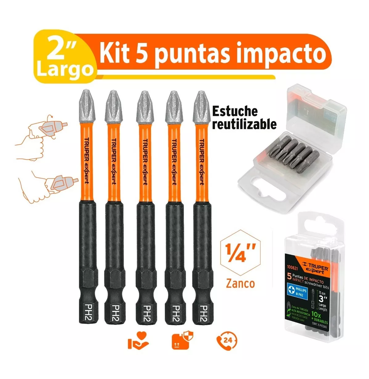 Foto 3 pulgar | Kit 5 Puntas de Impacto Phillips Ph2 X 2'' Truper Anaranjado