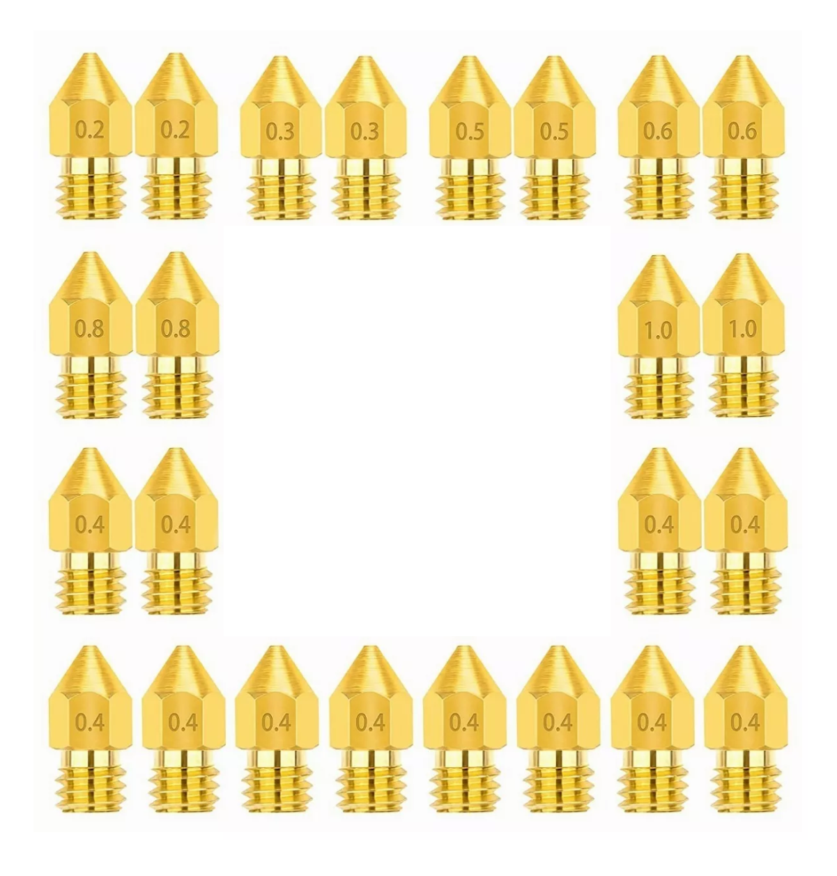 Kit De 24 Boquillas Nozzle Impresora 3d Mk8 0,2-1 Etc. (24 U Dorado