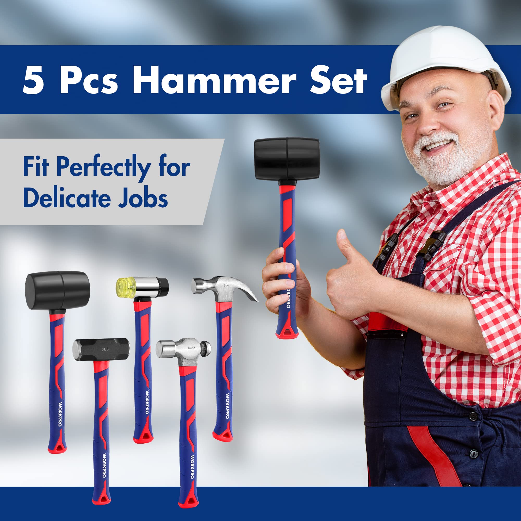 Foto 8 pulgar | Juego De Martillos Workpro De 5 Piezas Con Mazo De Goma Y Trineo De 1,4 Kg - Venta Internacional.
