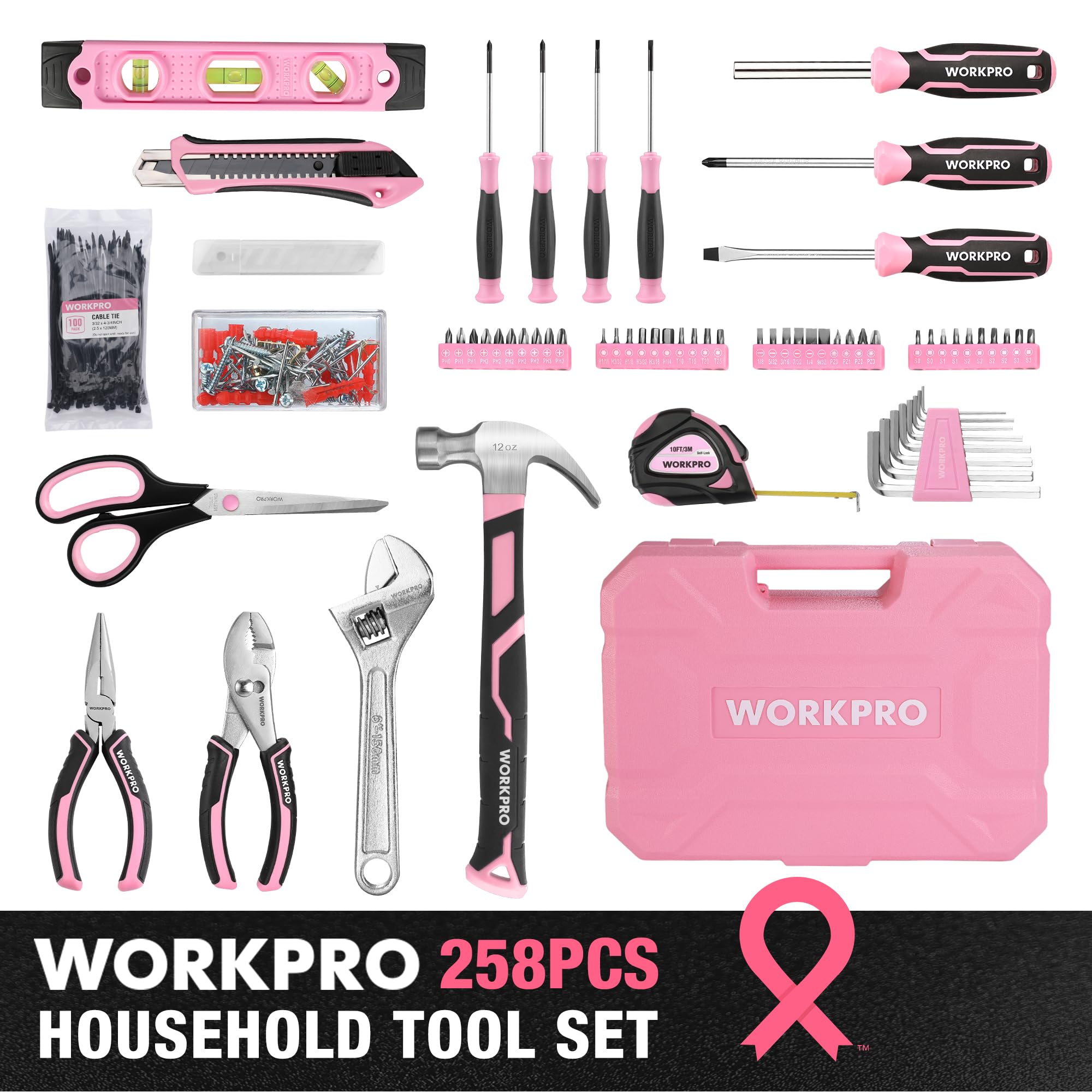 Foto 3 pulgar | Kit De Herramientas Workpro Pink 258 Piezas Con Martillo Rosa Y Destornillador - Venta Internacional.