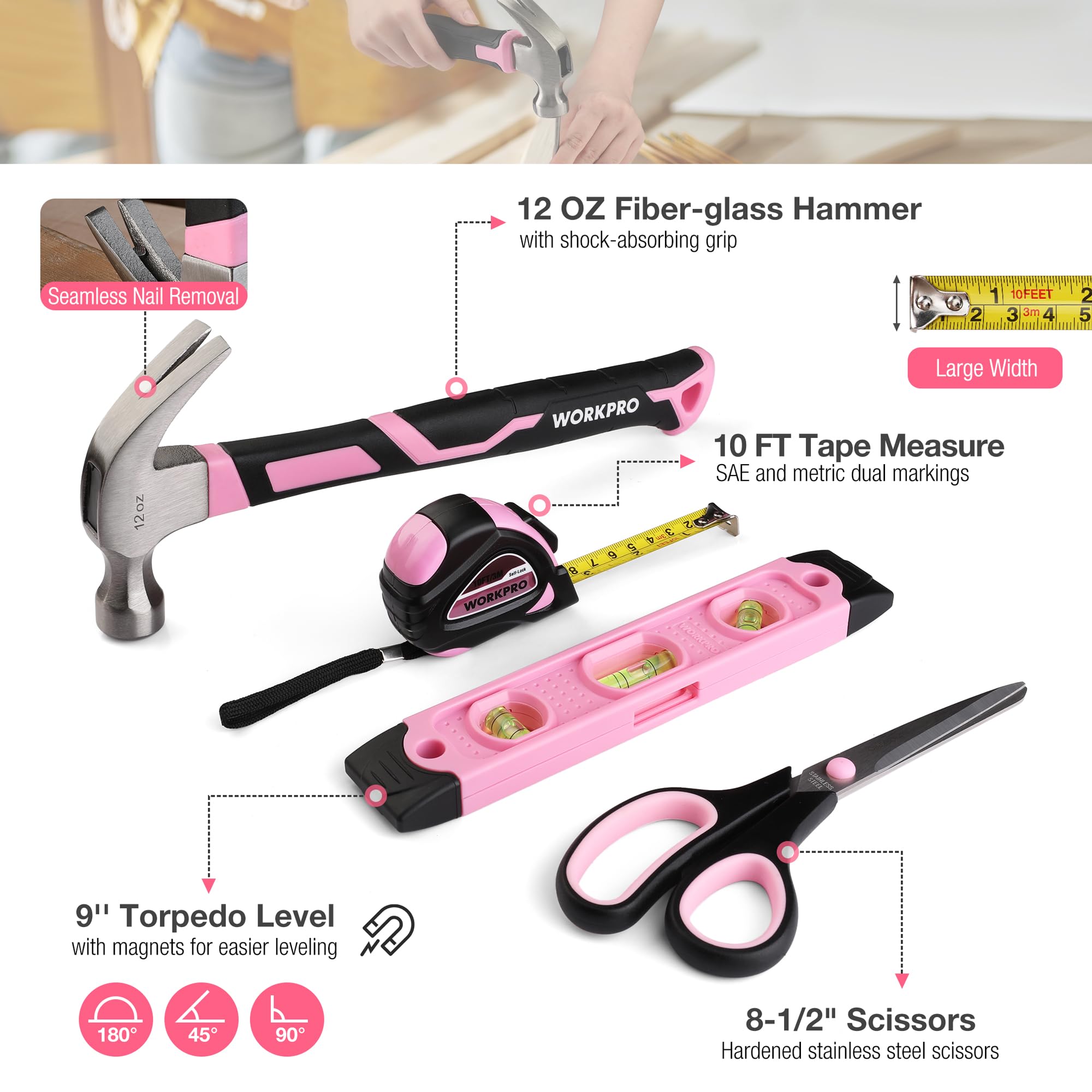 Foto 4 pulgar | Kit De Herramientas Workpro Pink 258 Piezas Con Martillo Rosa Y Destornillador - Venta Internacional.