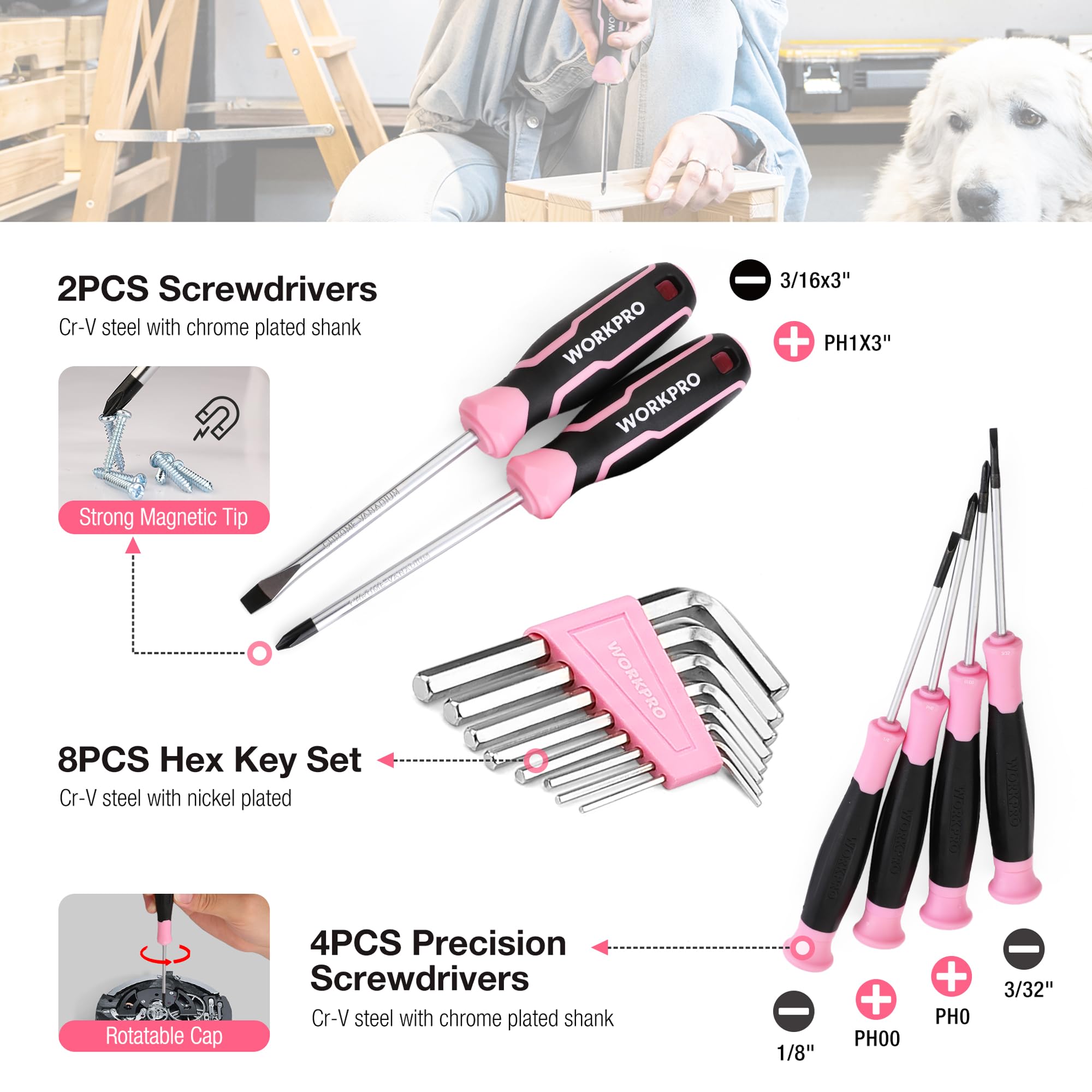 Foto 5 | Kit De Herramientas Workpro Pink 258 Piezas Con Martillo Rosa Y Destornillador - Venta Internacional.